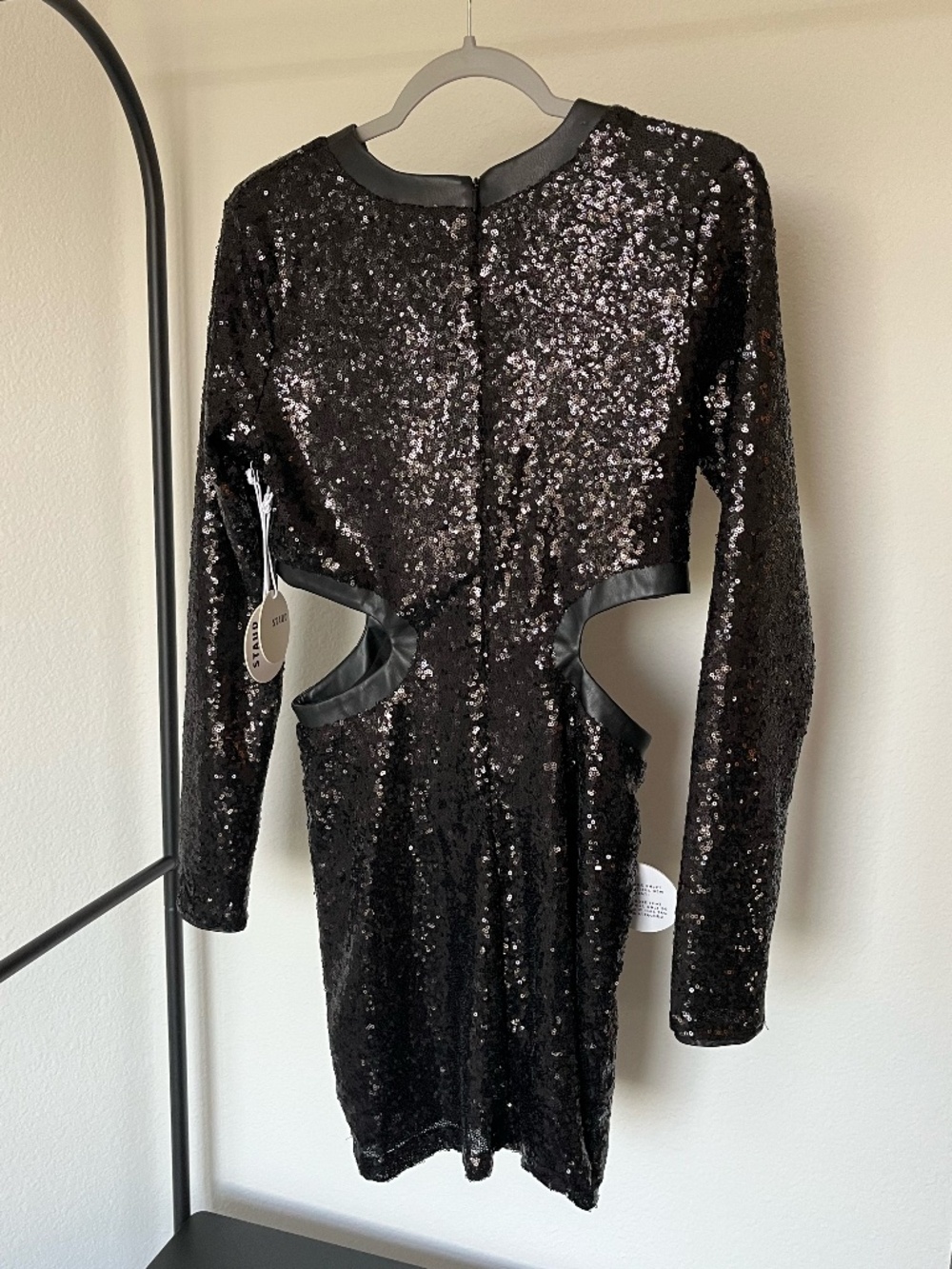 NWT STAUD | Dolce Long Sleeve Sequin Cutout Mini Dress in Black | Size Large - Picture 6 of 11